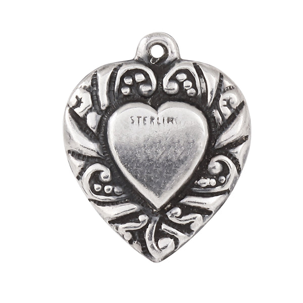 Scrolled Double Sided Vintage Sterling Puffy Heart Charm/Pendant Back