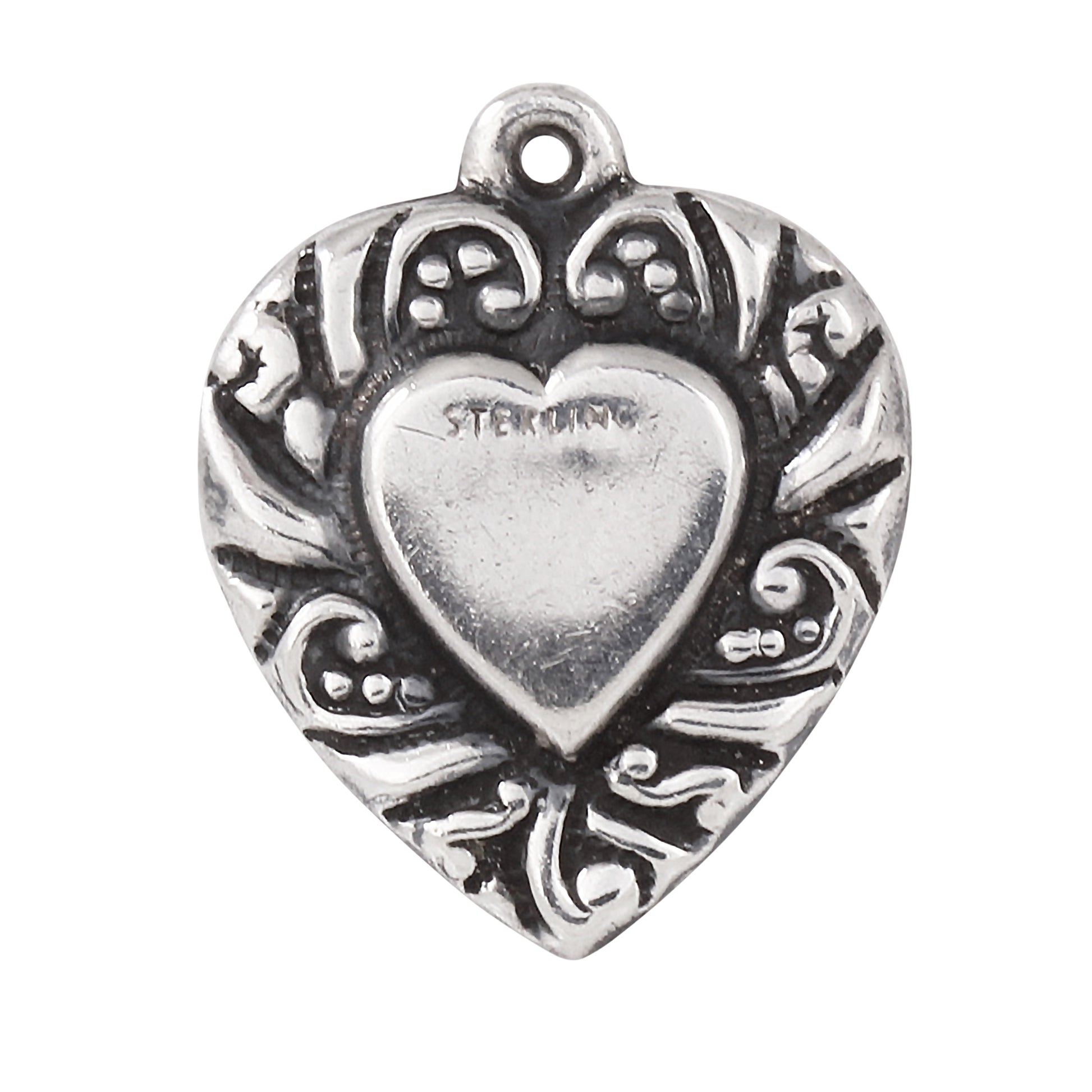 Scrolled Double Sided Vintage Sterling Puffy Heart Charm/Pendant Front