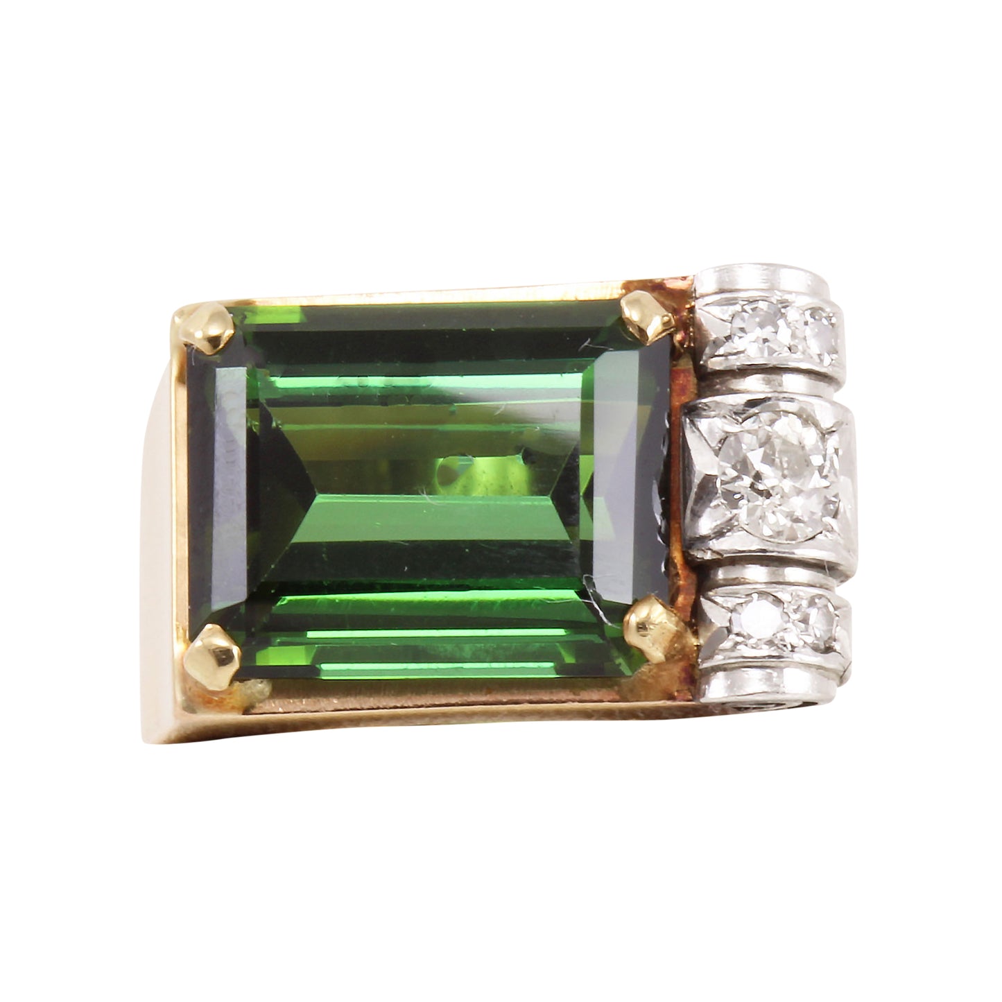 Retro 14k Gold Diamond and Green Tourmaline Ring Front