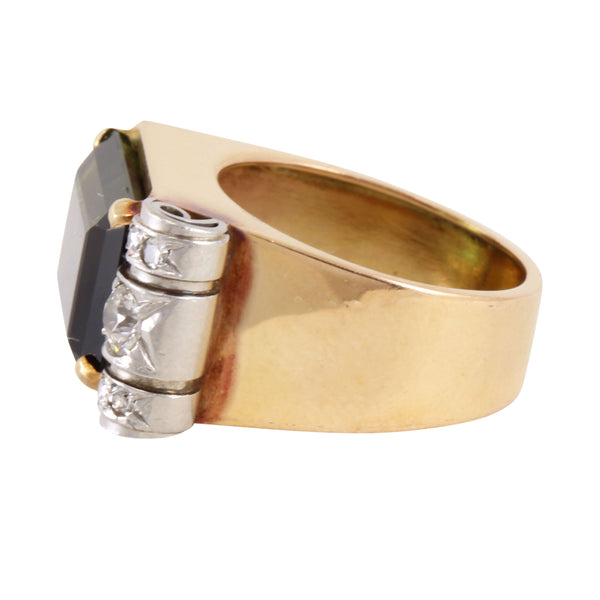 Retro 14k Gold  Diamond and Green Tourmaline Ring Side