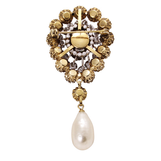 Spectacular Ruby Red Rhinestone and Glass Pearl Pin Back