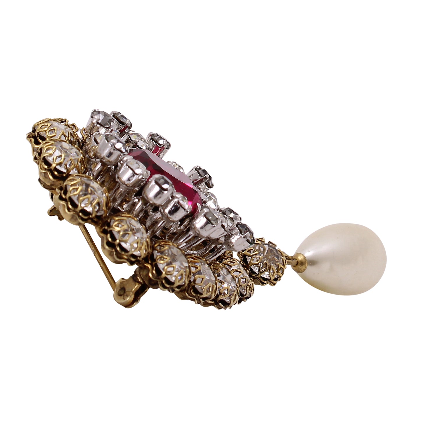 Spectacular Ruby Red Rhinestone and Glass Pearl Pin Side