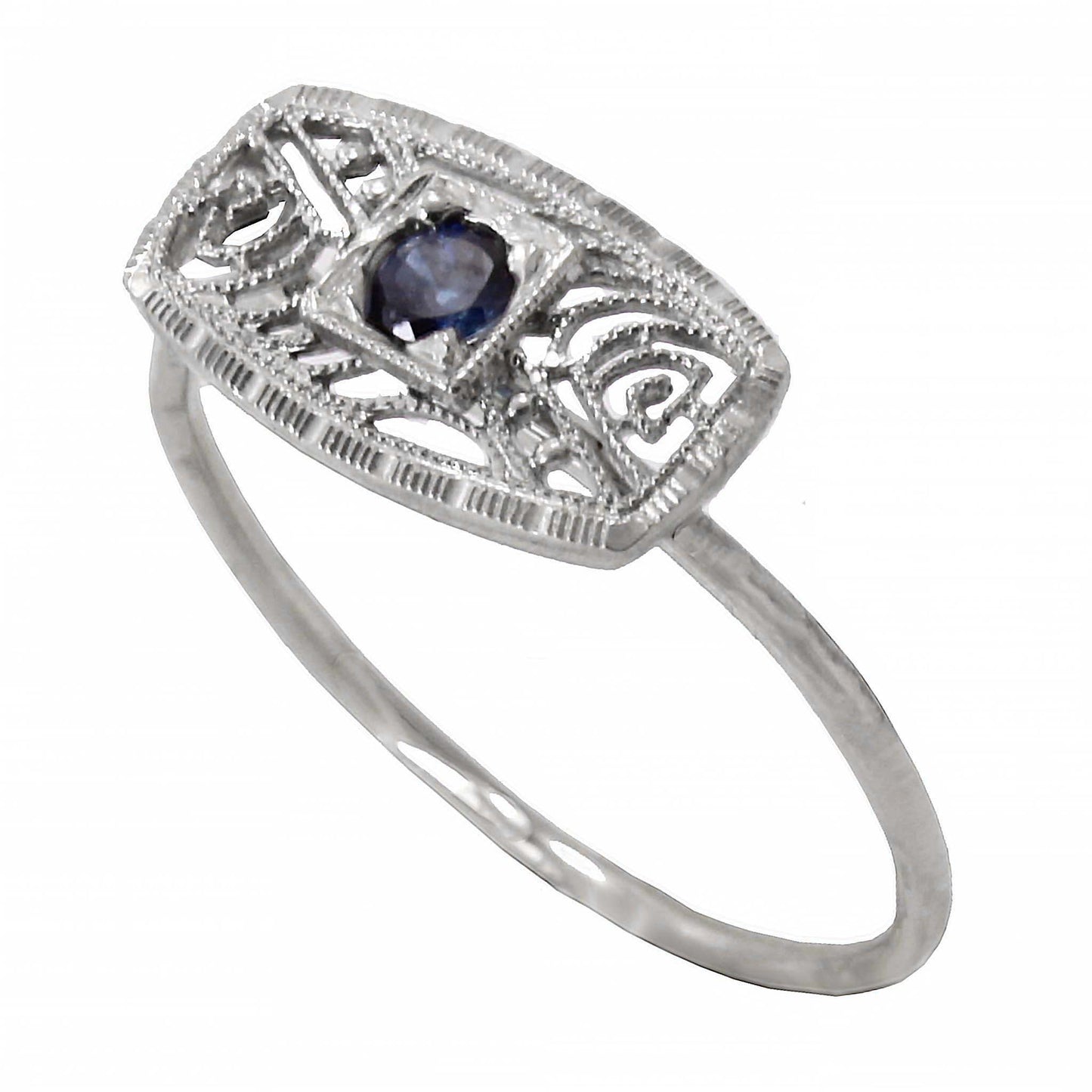 Art Deco 14k White Gold Filigree and Sapphire Conversion Ring Front