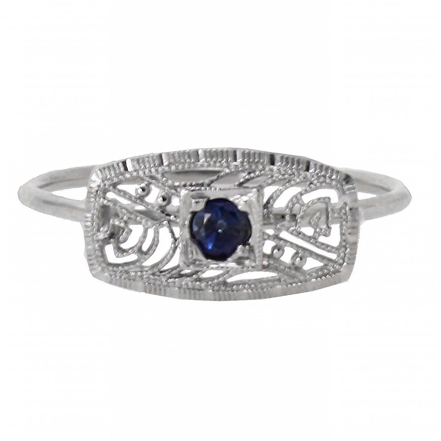 Art Deco 14k White Gold Filigree and Sapphire Conversion Ring Full