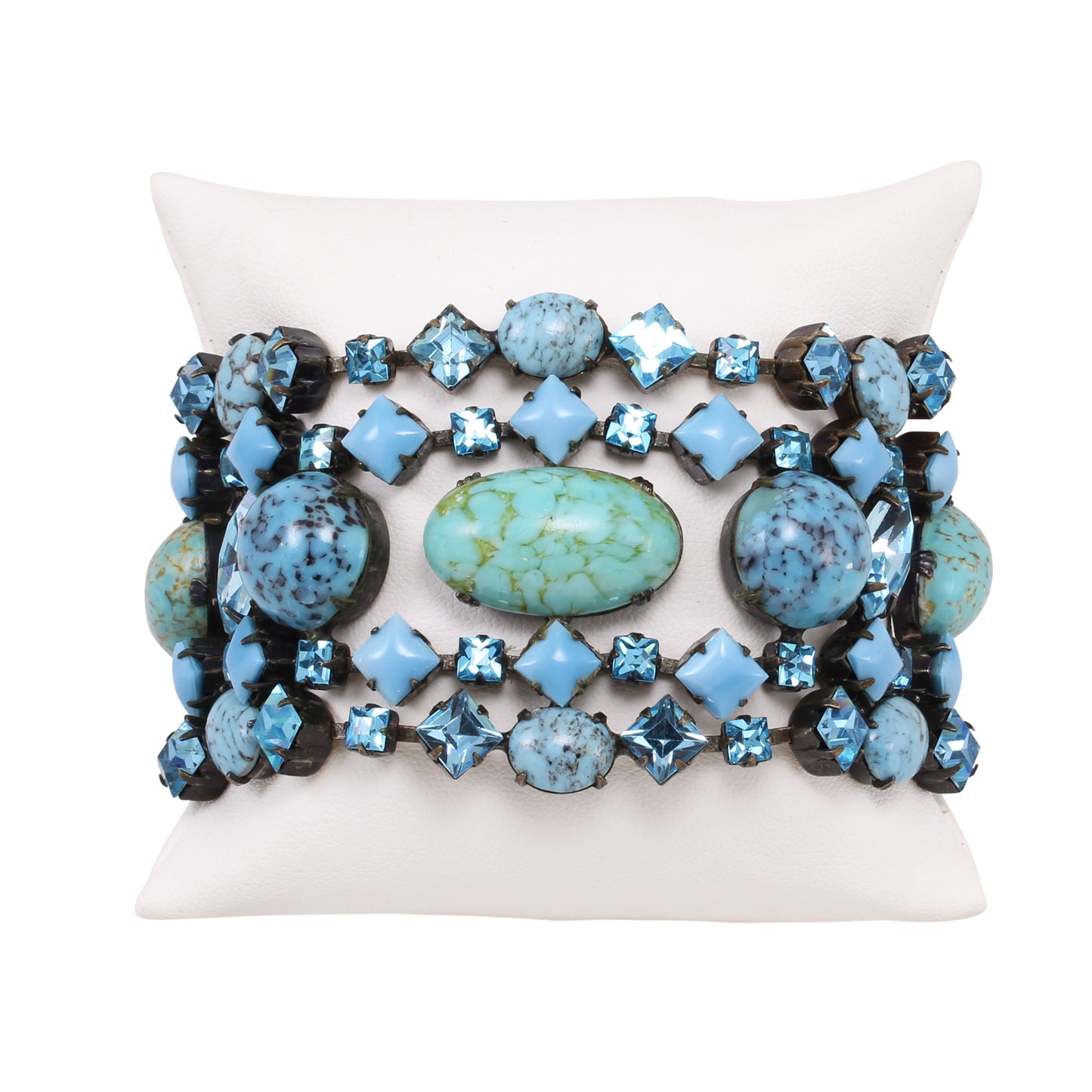 Spectacular Schreiner Turqoise Glass and Aqua Rhinestone Bracelet Front