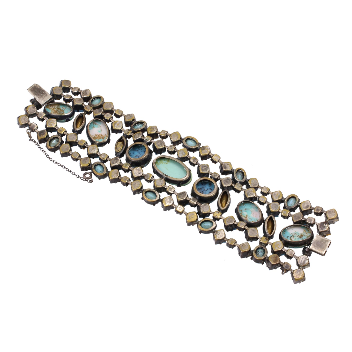 Spectacular Schreiner Turqoise Glass and Aqua Rhinestone Bracelet Back