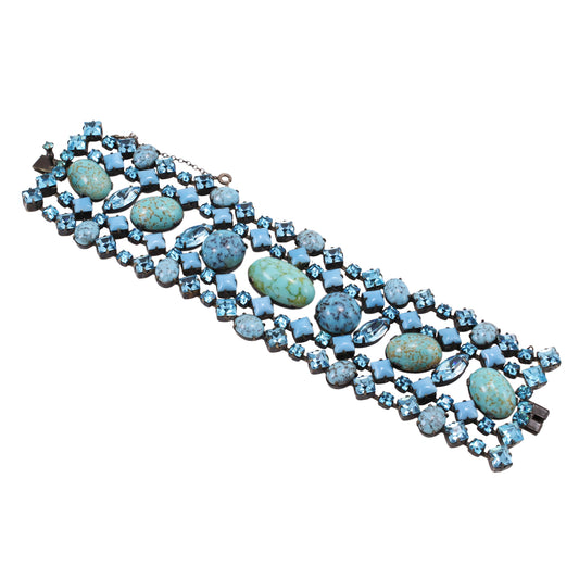Spectacular Schreiner Turqoise Glass and Aqua Rhinestone Bracelet Full