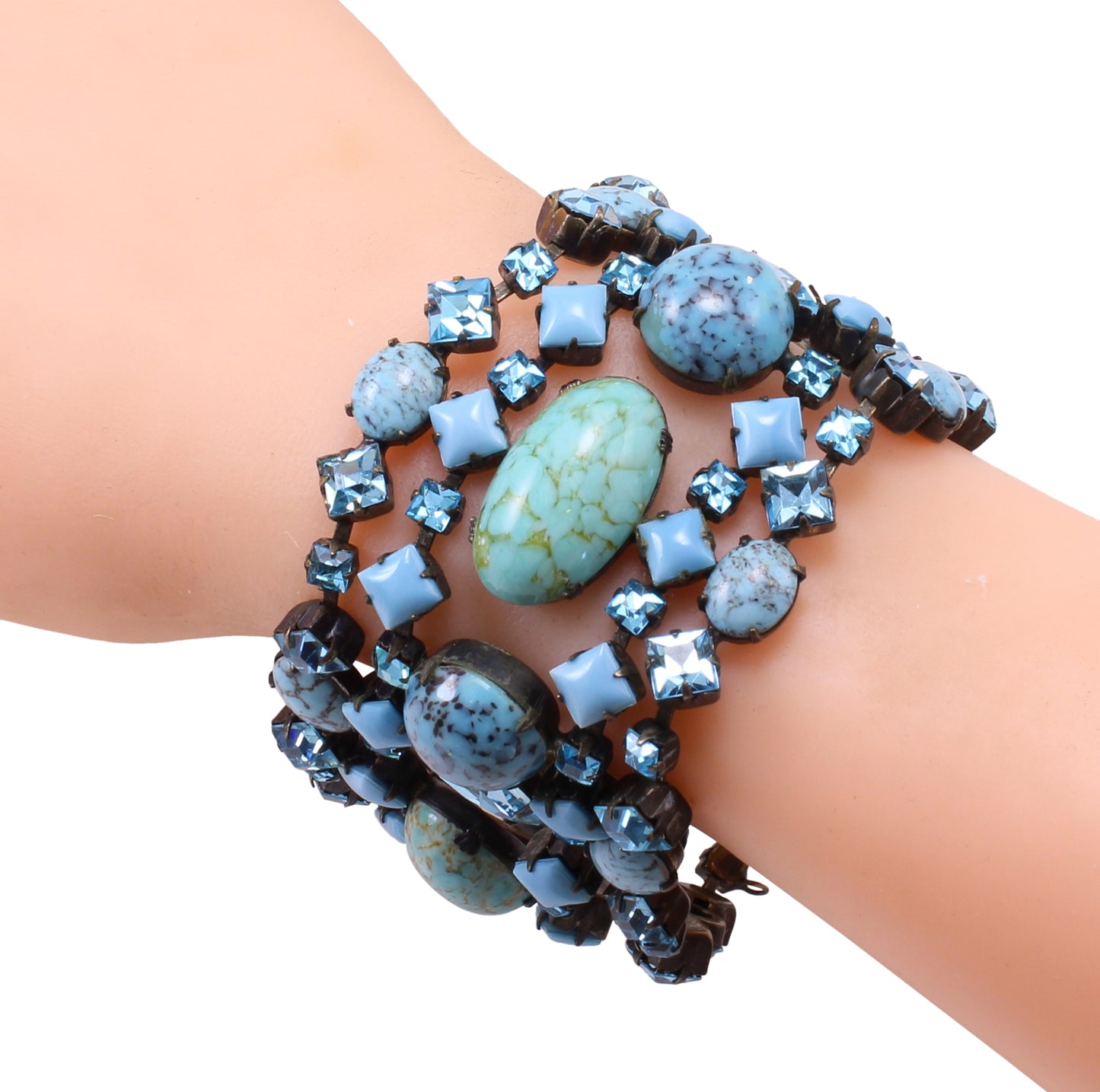 Spectacular Schreiner Turqoise Glass and Aqua Rhinestone Bracelet Worn