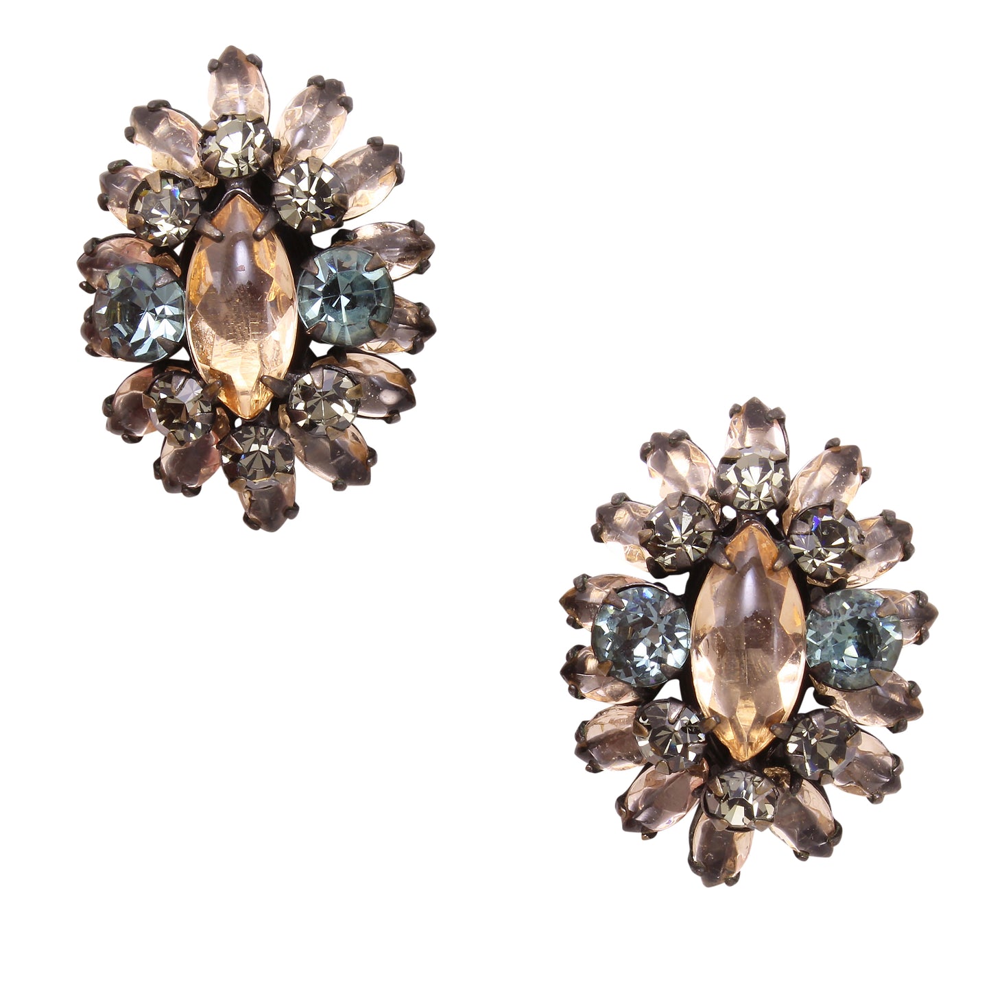 Schreiner Topaz and Blue Rhinestone Earrings Front