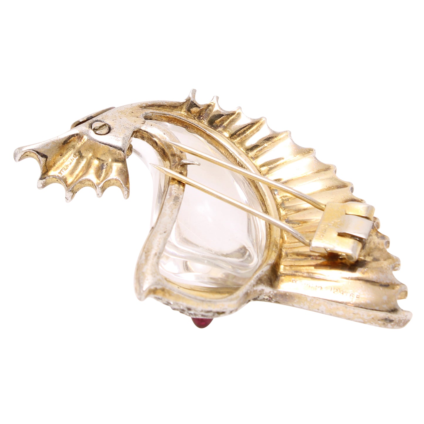 Trifari 1940s Scarce Sterling Jelly Belly Sailfish Fur Pin Clip Side