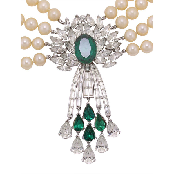 Trifari Glass Pearl and Emerald Rhinestone Necklace Close