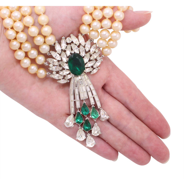 Trifari Glass Pearl and Emerald Rhinestone Necklace Held