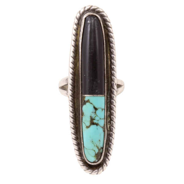 Turquoise and Onyx Vintage Sterling Ring Front