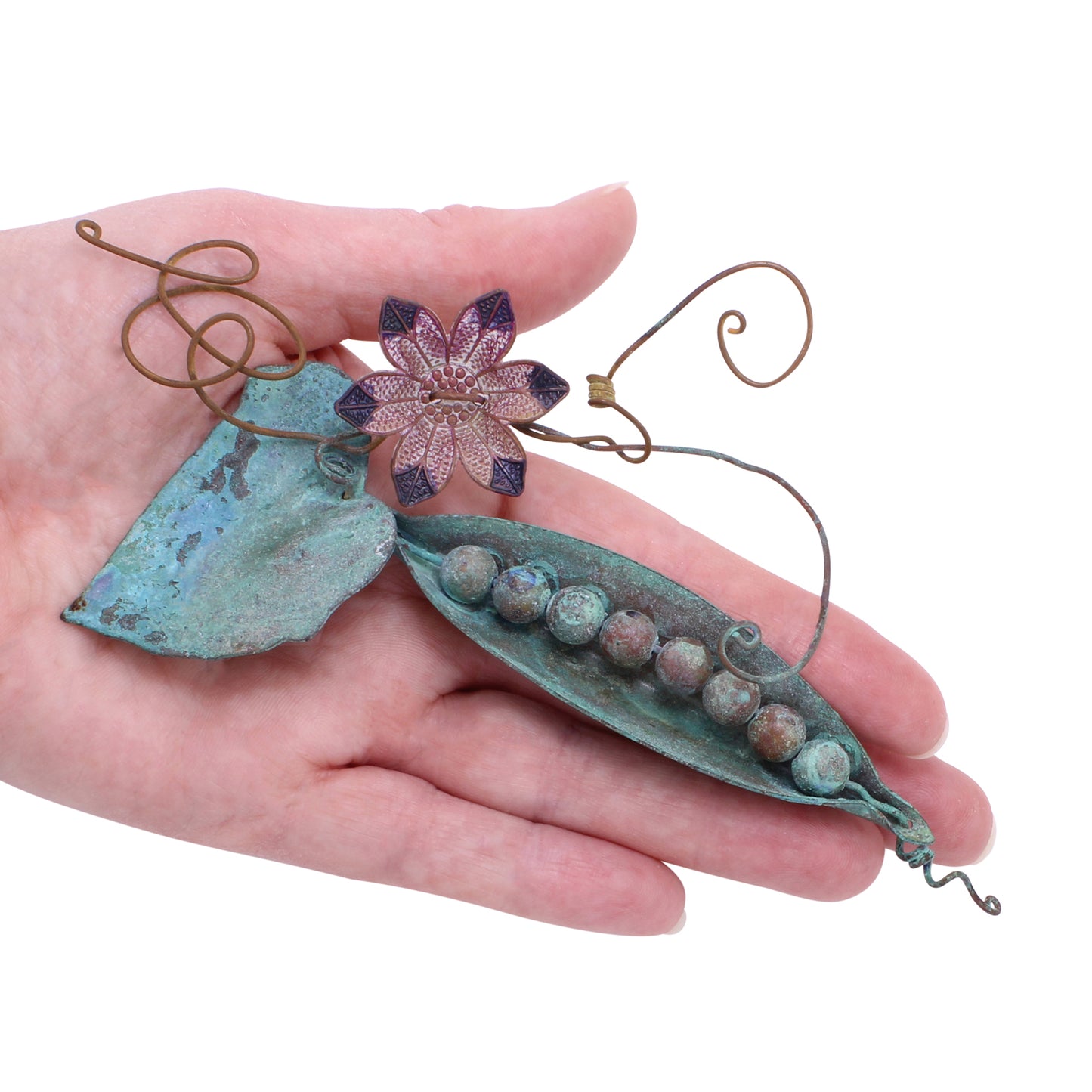 Artisan Copper Verdigris Large Pea Pod Pin/Brooch Held