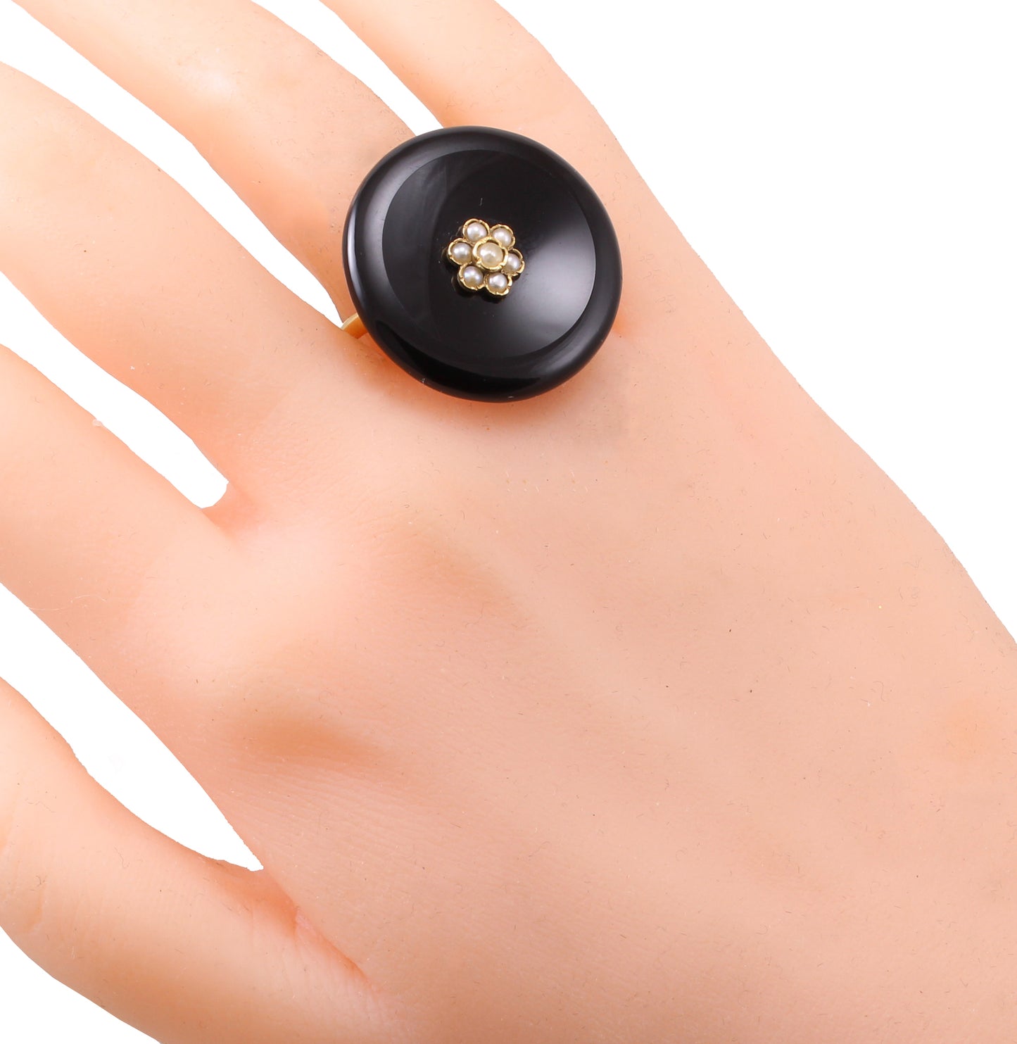 Victorian 14k Gold, Onyx and Seed Pearl Ring Worn