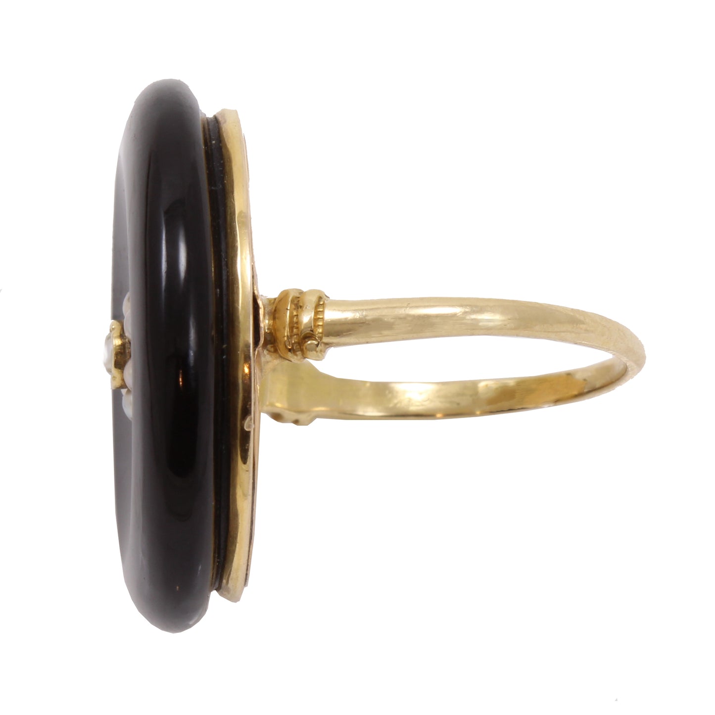 Victorian 14k Gold, Onyx and Seed Pearl Ring Side