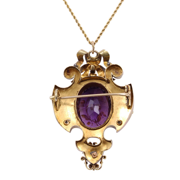 Victorian 14k Gold Rose of Sharon Amethyst and Diamond Pin/Pendant Back