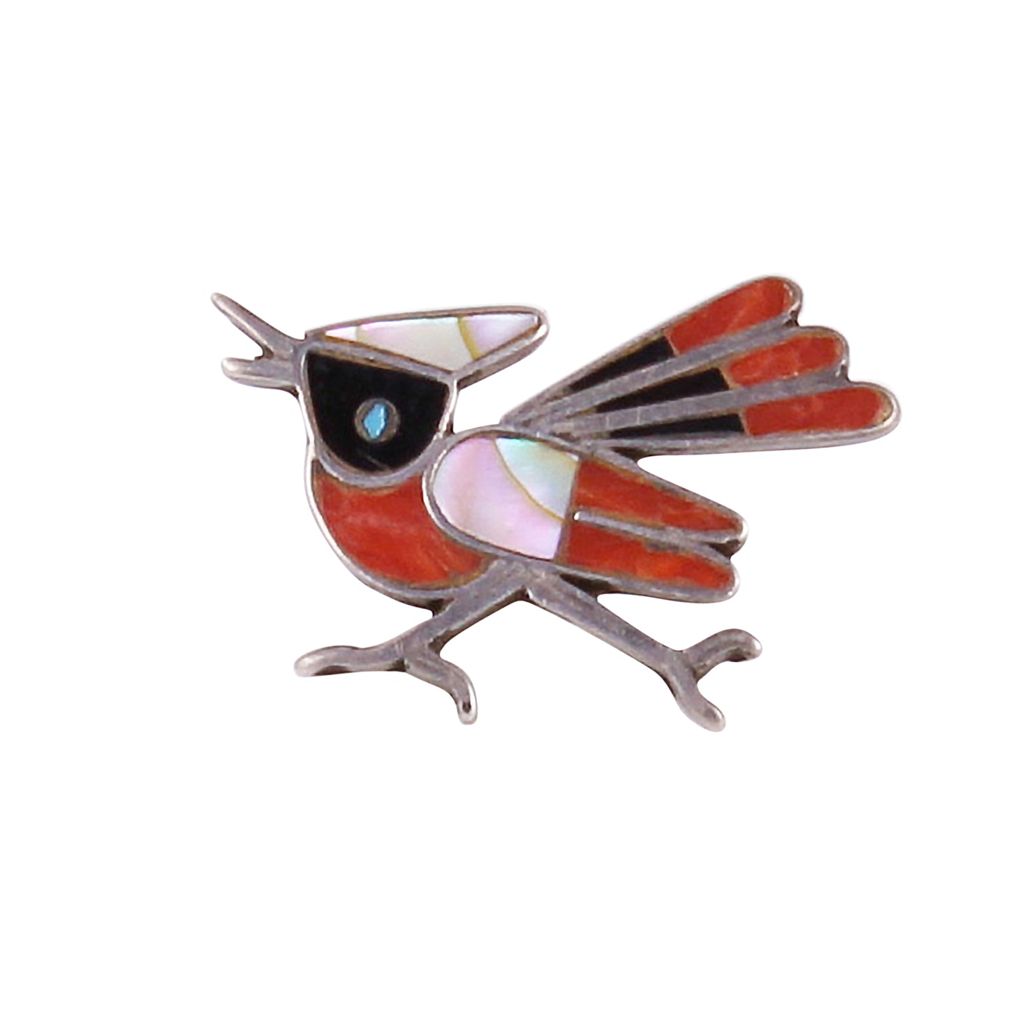 Zuni Stone Inlay Sterling Silver Road Runner Bird Pin
