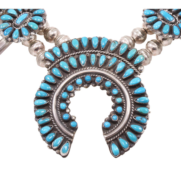 Victor Moses Begay Sterling and Turquoise Squash Blossom Necklace Close