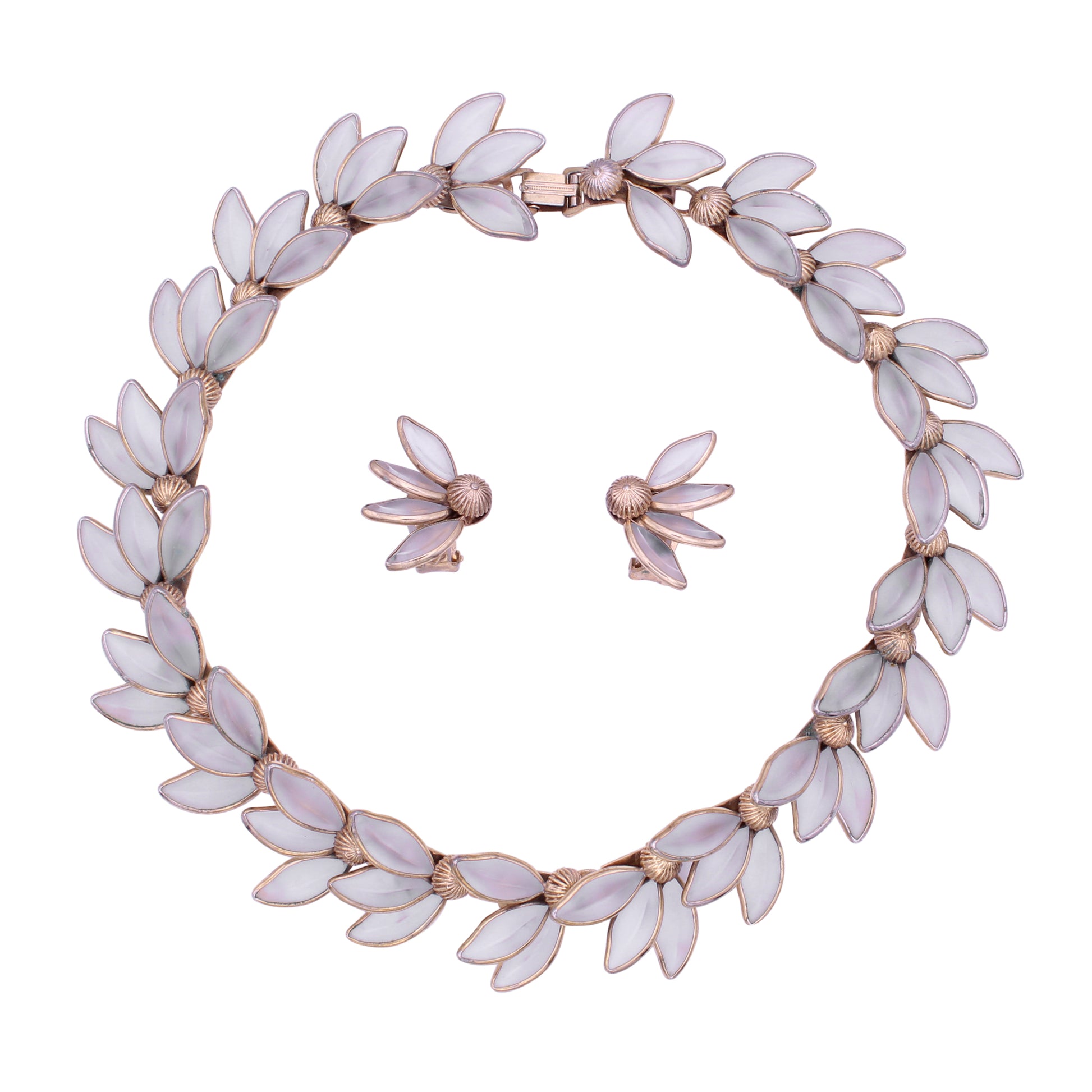 Trifari Frosted Flower Petal Necklace and Earrings Front