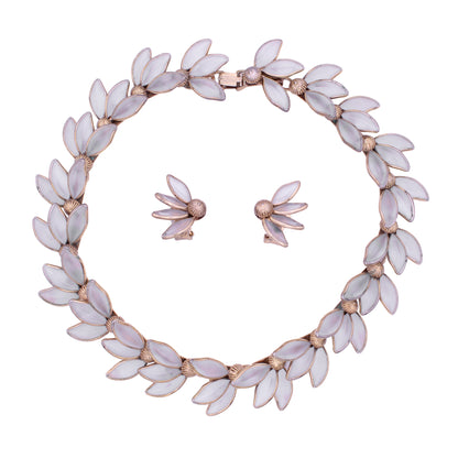 Trifari Frosted Flower Petal Necklace and Earrings Front
