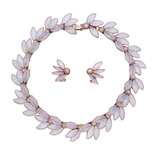Trifari Frosted Flower Petal Necklace and Earrings Front
