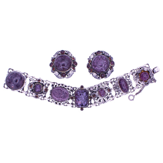 Amethyst Glass Scarab and Cabochons Filigree Bracelet and Earrings