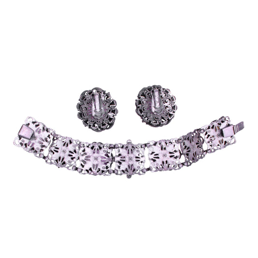 Amethyst Glass Scarab and Cabochons Filigree Bracelet and Earrings