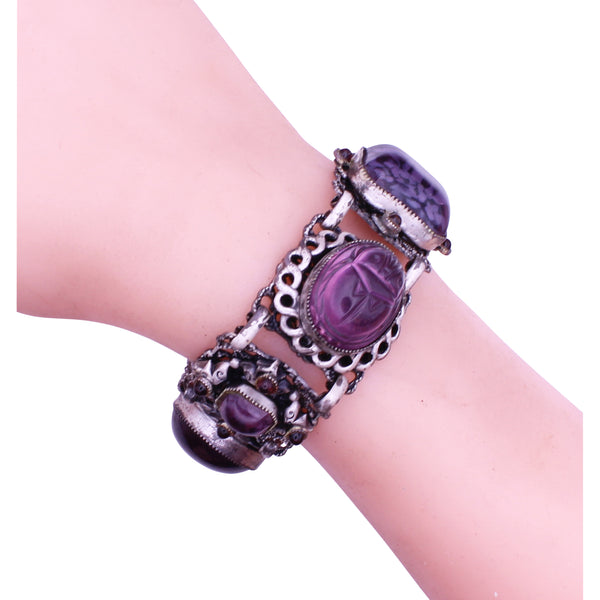 Amethyst Glass Scarab and Cabochons Filigree Bracelet and Earrings