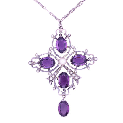 Amethyst Glass & Pearl Pendant Necklace