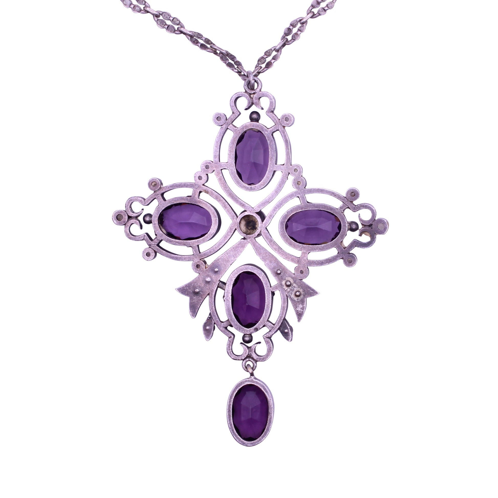 Amethyst Glass & Pearl Pendant Necklace Back