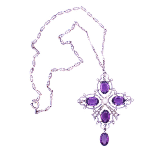 Amethyst Glass & Pearl Pendant Necklace Full