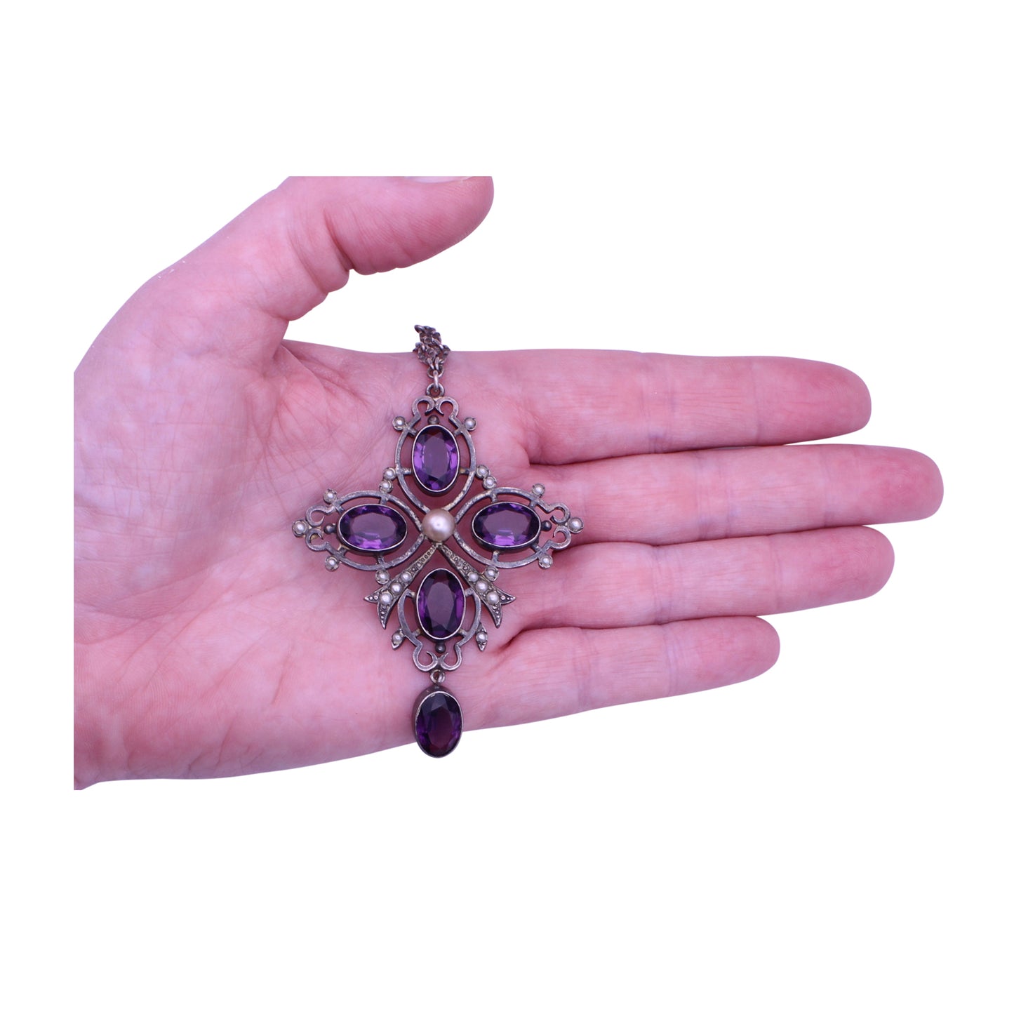 Amethyst Glass & Pearl Pendant Necklace Held