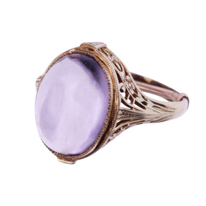 Art Deco 14k Yellow Gold Amethyst Cabochon Filigree Ring