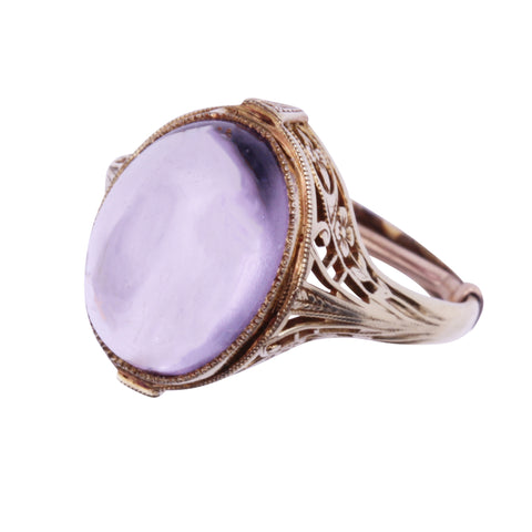 Art Deco 14k Yellow Gold Amethyst Cabochon Filigree Ring