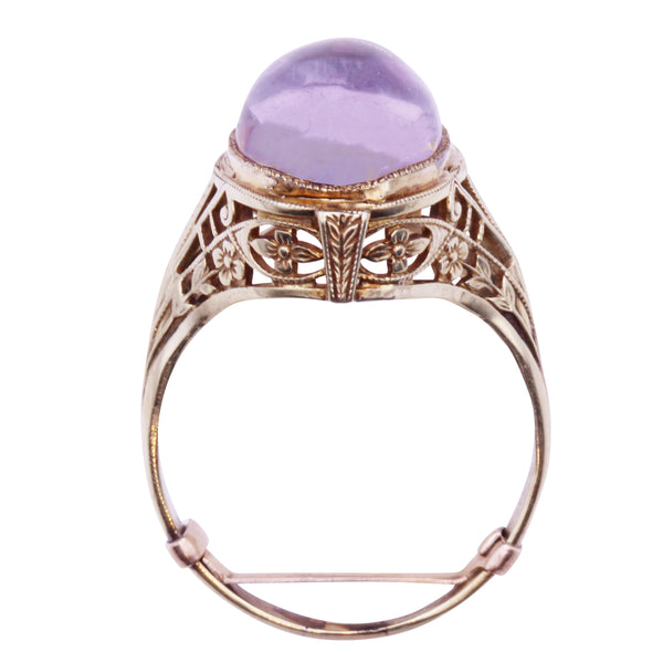 Art Deco 14k Yellow Gold Amethyst Cabochon Filigree Ring Profile