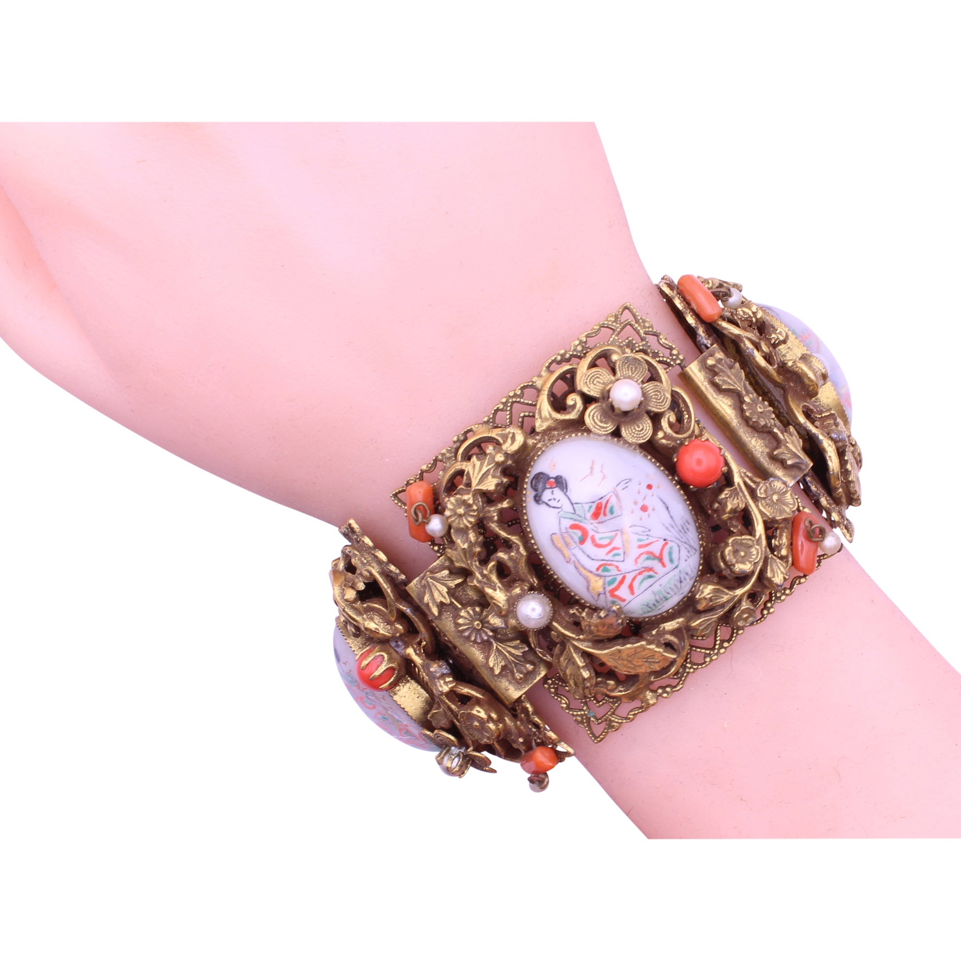 Exceptional Mid-century Geisha Girl Filigree Bracelet Worn