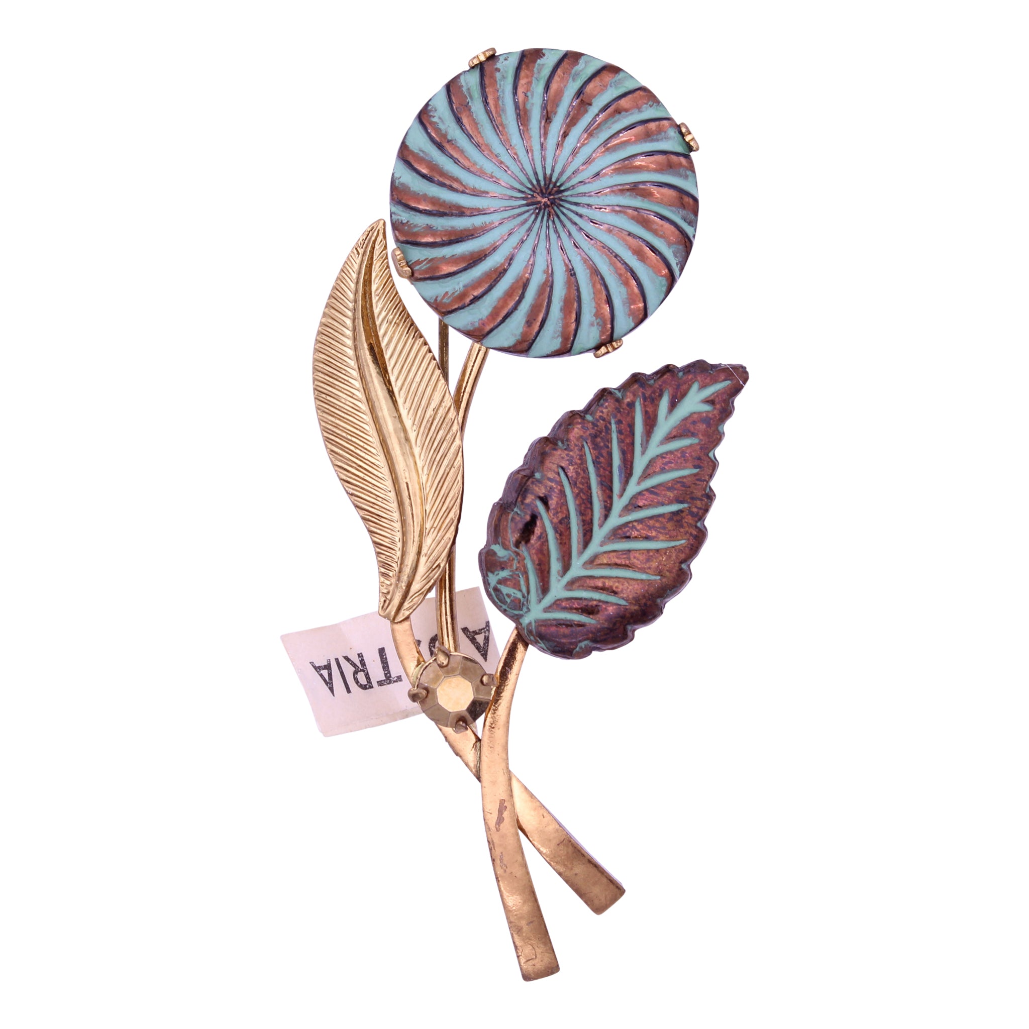 Austria Turquoise Enamel and Copper Glass Flower Brooch Pin