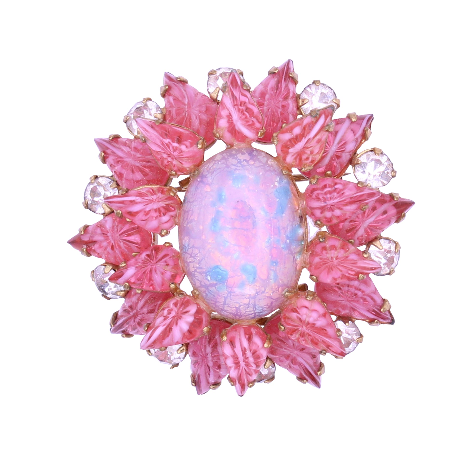 Antionette Pink Glass and Opal Glass Cabochon Pin Brooch Pendant