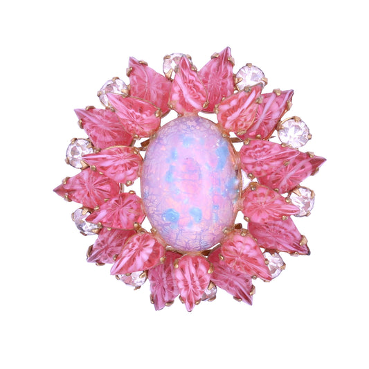 Antionette Pink Glass and Opal Glass Cabochon Pin Brooch Pendant