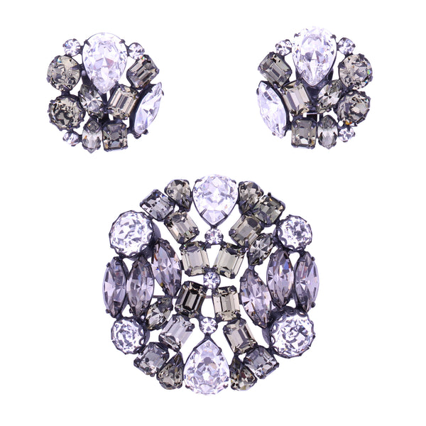Stunning Black Diamond Rhinestone Pin Brooch and Earrings Front