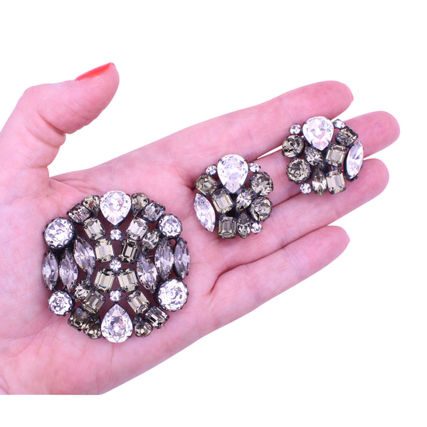 Stunning Black Diamond Rhinestone Pin Brooch and Earrings Held