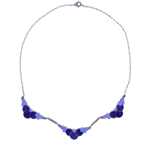 Art Deco  Sterling Blue Enamel Bubbles Necklace Front