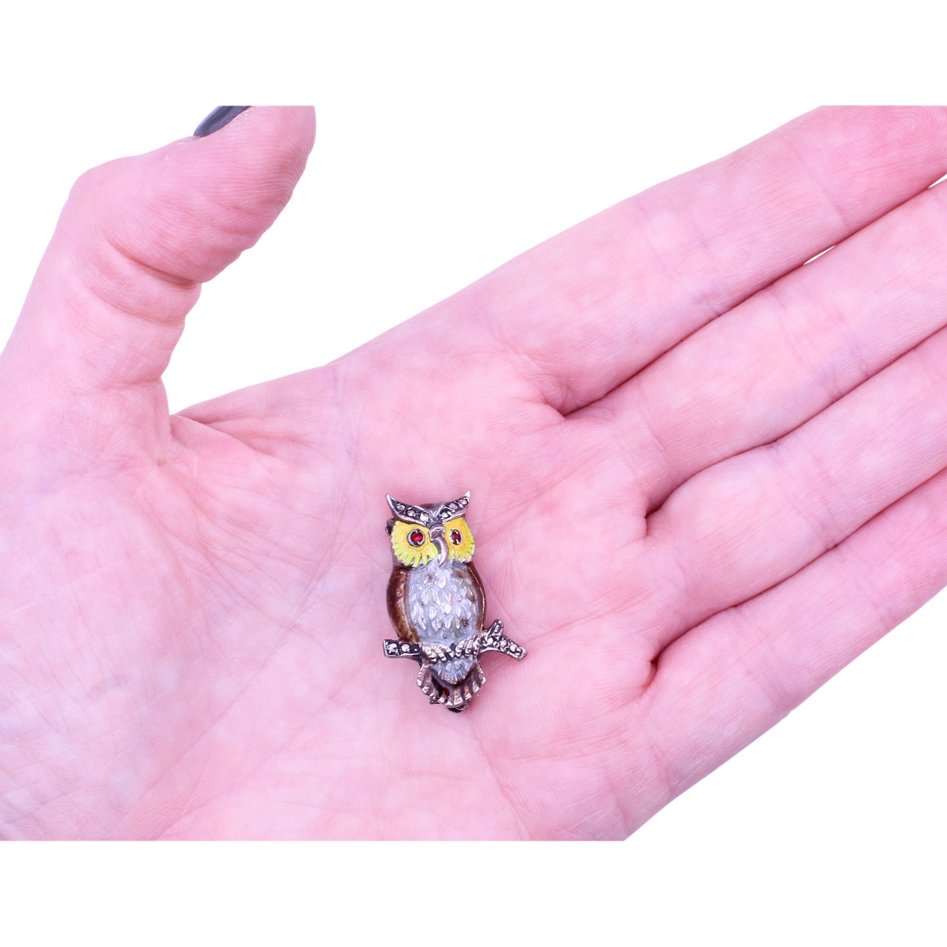 Alice Caviness Sterling Enamel Owl Pin Held