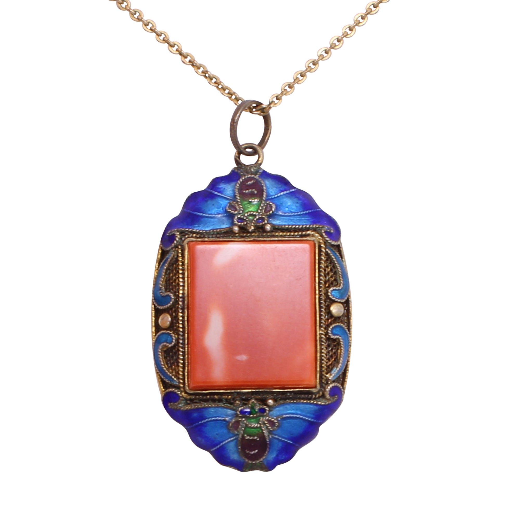 Enamel and Coral Chinese Export Silver Pendant/Necklace Front