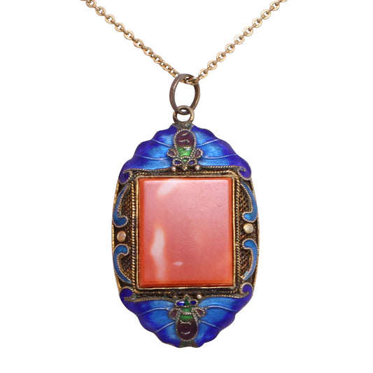 Enamel and Coral Chinese Export Silver Pendant/Necklace Front