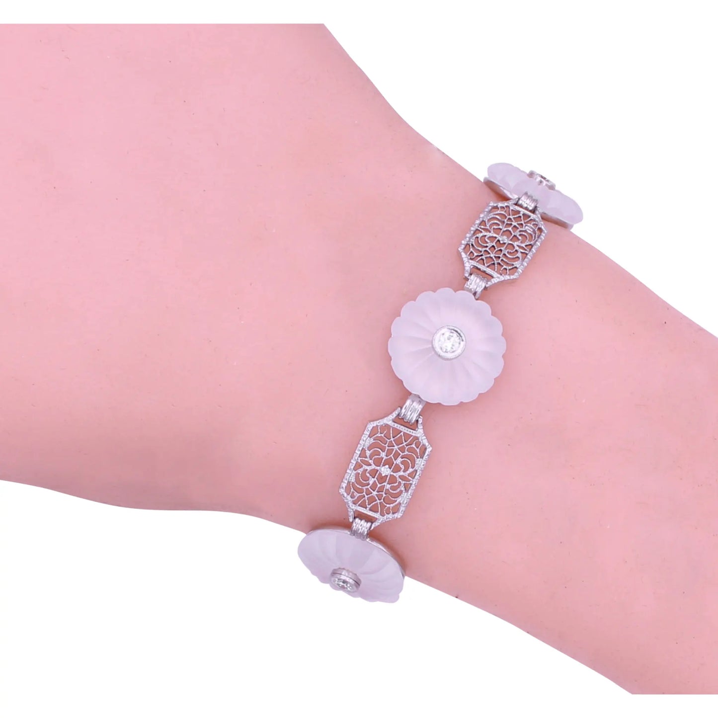 Art Deco 14k White Gold Filigree Rock Crystal and Diamond Bracelet Worn