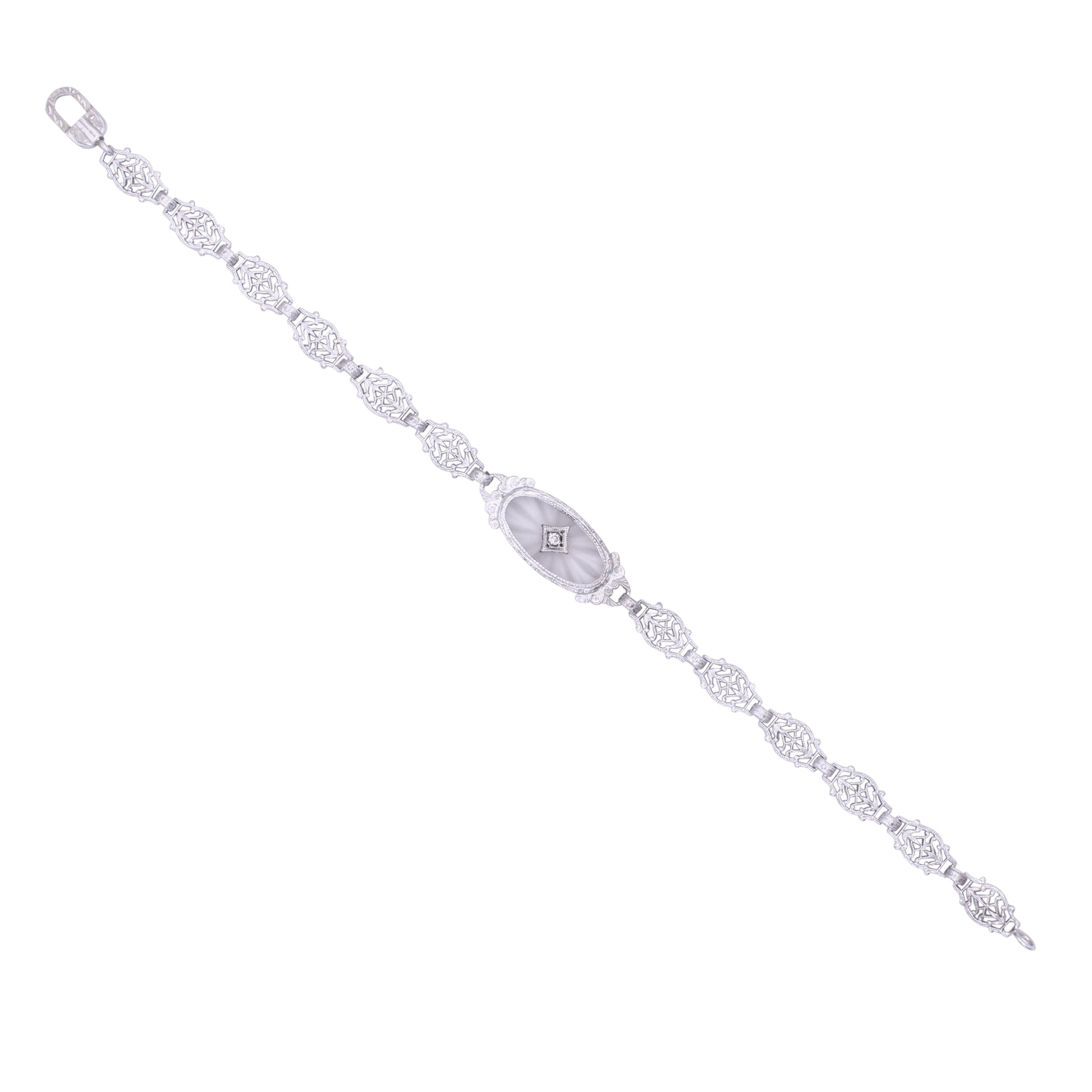 Art Deco 14k Gold, Diamond and Rock Crystal Filigree Bracelet