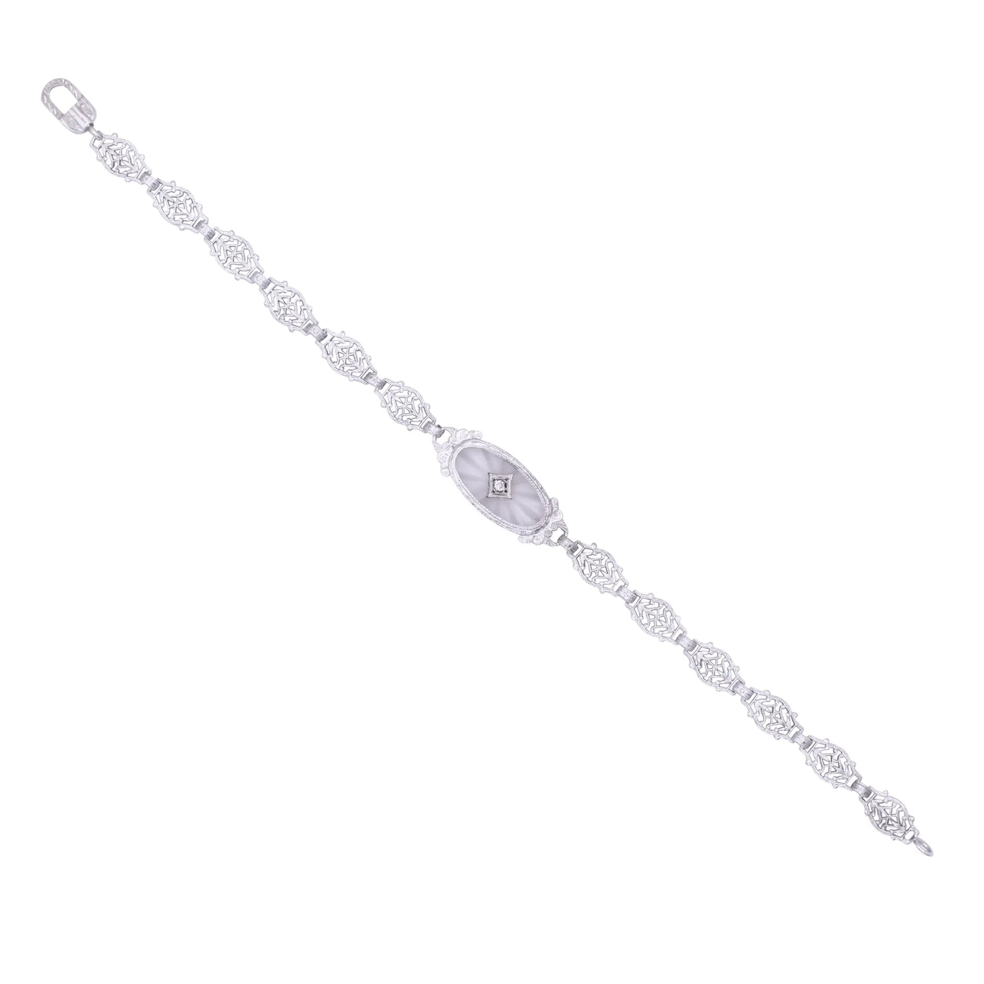 Art Deco 14k Gold, Diamond and Rock Crystal Filigree Bracelet