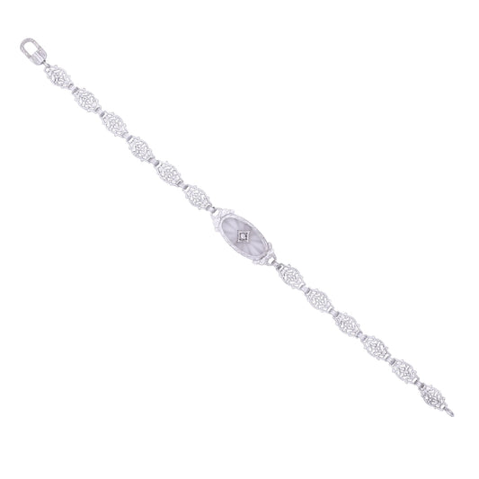 Art Deco 14k Gold, Diamond and Rock Crystal Filigree Bracelet
